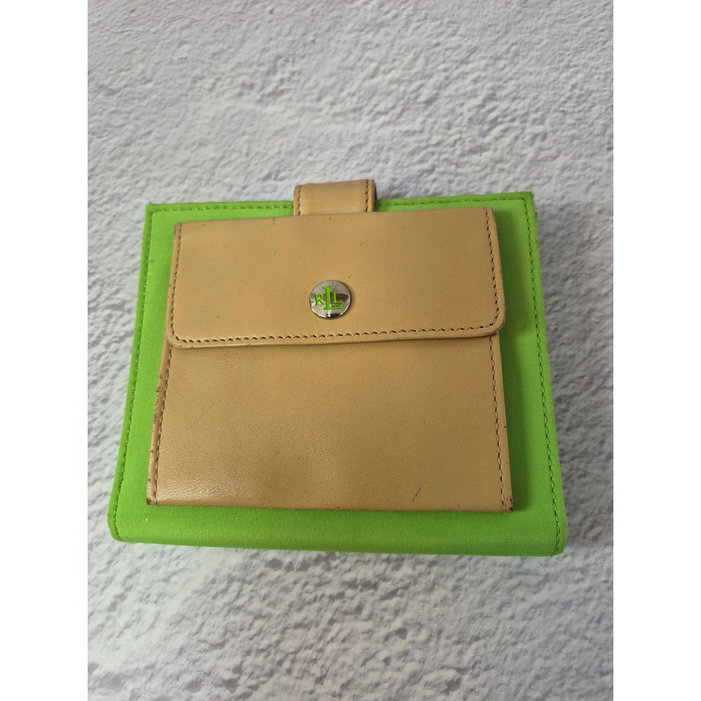 Ralph Lauren Lauren RL Lime Green Satin Tan Leather Bifold Wallet Logo Hardware